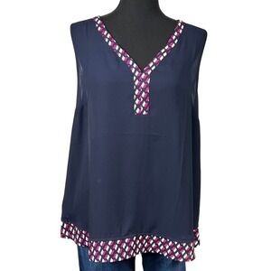 41 Hawthorn V-Neck Chiffon Blouse Navy Contrast Trim Large Sleeveless Office NWT